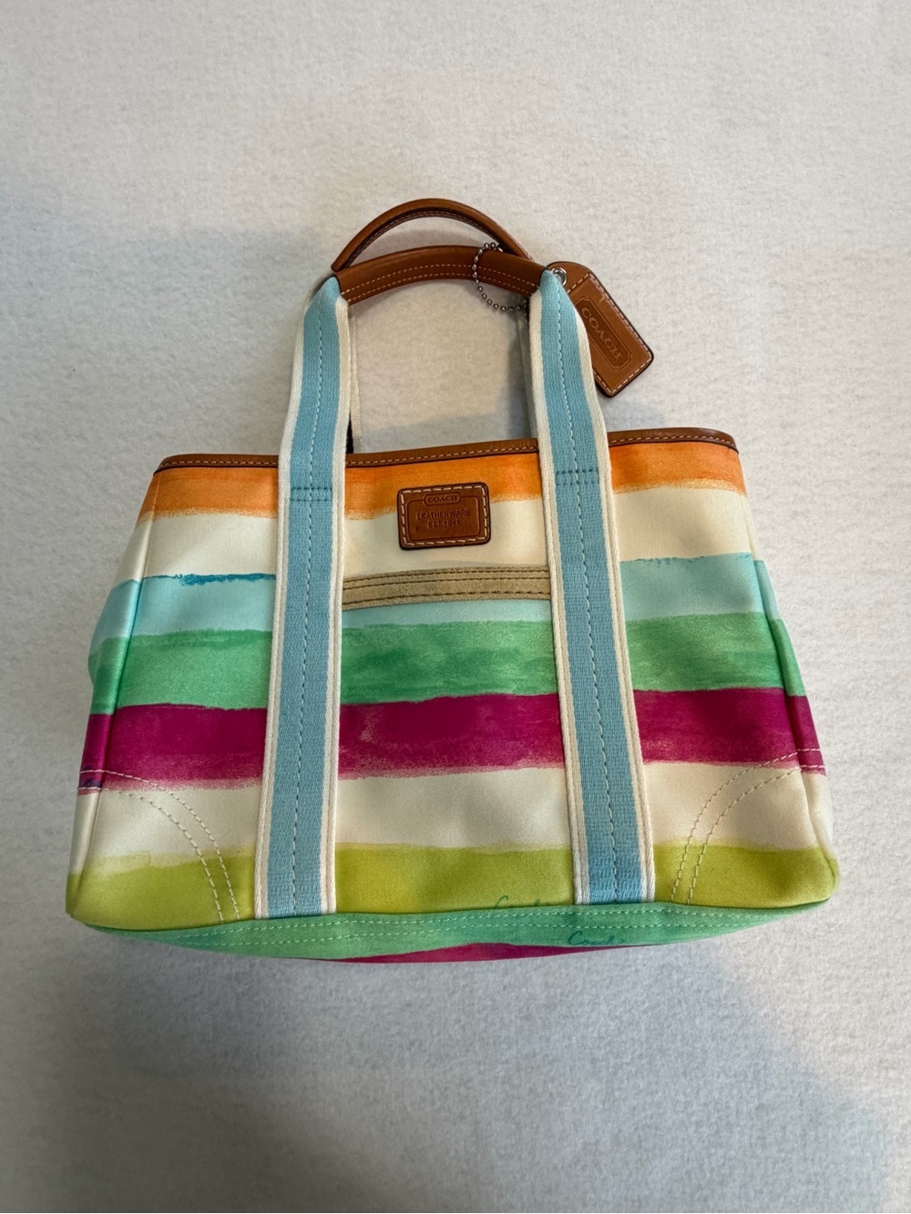 Coach Colorful Striped Canvas Tote with Tan Trim and Light Blue Straps